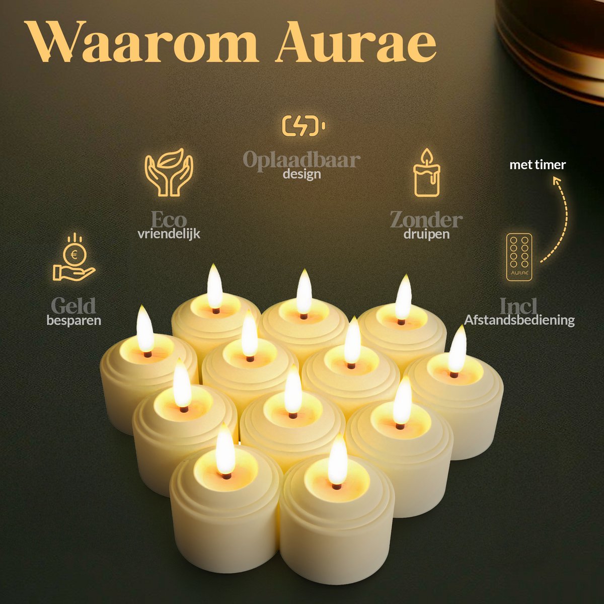 Aurae Oplaadbare Waxinelichtjes 12x - Theelichtjes Oplaadbaar - 40+ Branduren - Led Kaarsen met Afstandsbediening - Flikkerende Vlam - met Lader - Kerst Kaarsen — cadeau in Wonen & Interieur - foto 4
