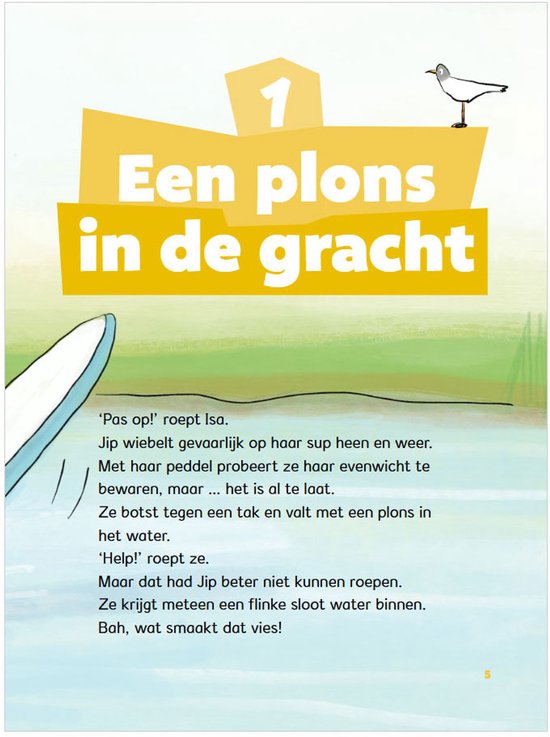 Illustratie van een scène uit het boek met een gele titel 'Een plons in de gracht'.