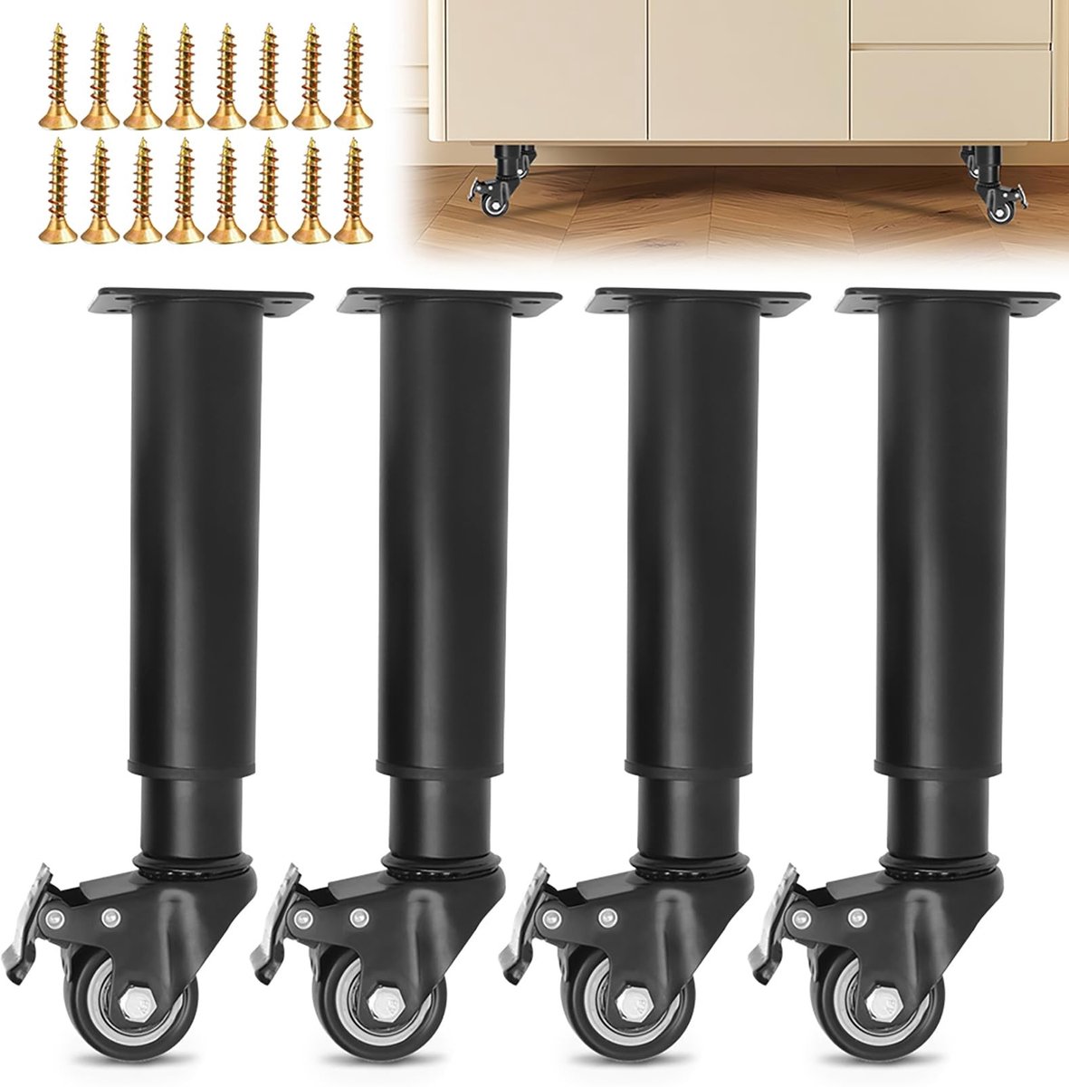 Dailygoods- Tafelpoten Verstelbaar - Meubelpoten Set van 4 - Hoogte 24,5-36 cm - Met Remwielen - Robuust en Krasbestendig - Draagvermogen tot 150 kg