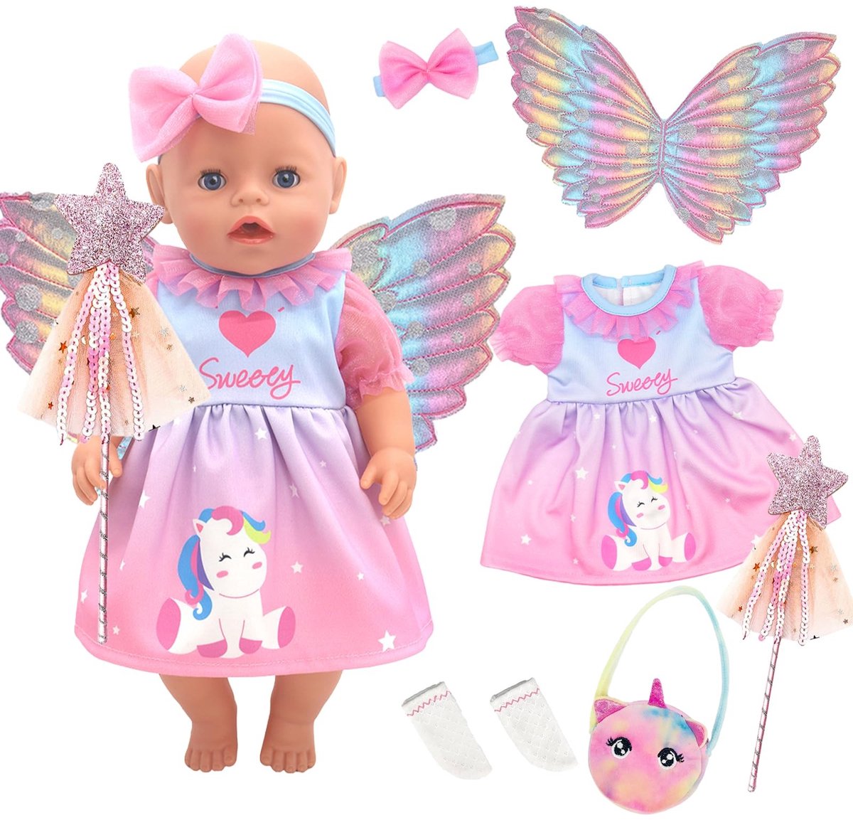 Dailygoods- Doll Doek 18 Inch - Roze Vleugels - Poppenkleertjes - Poppenkleding - Speelgoed - Geschikt voor 43 cm poppen - Poppenkleed