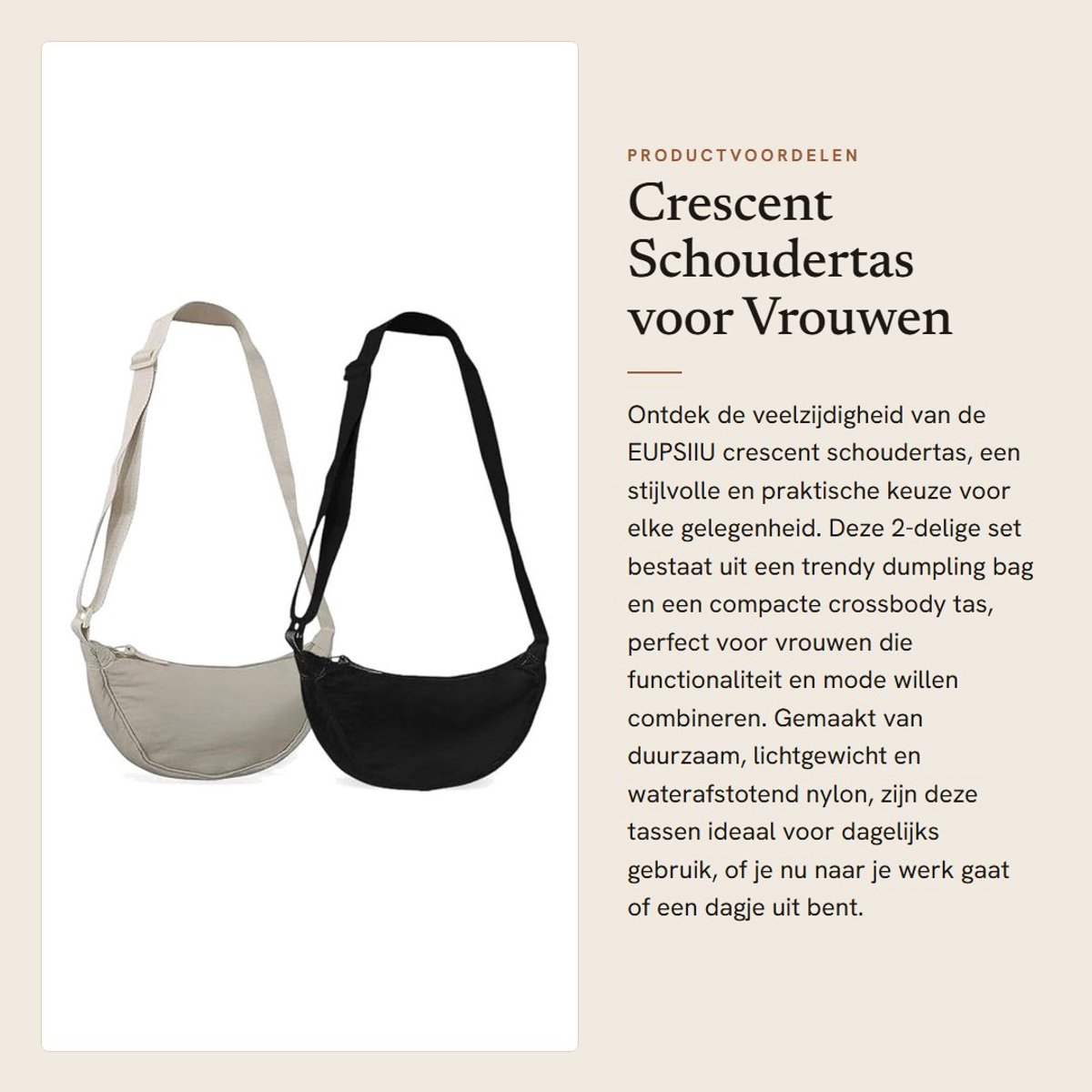 Dailygoods- Crescent Bag - Dames Schoudertas - Opvouwbare Tas - Verstelbare Schouderriem - Nylon Crossbodytas - Handtas met Portemonnee