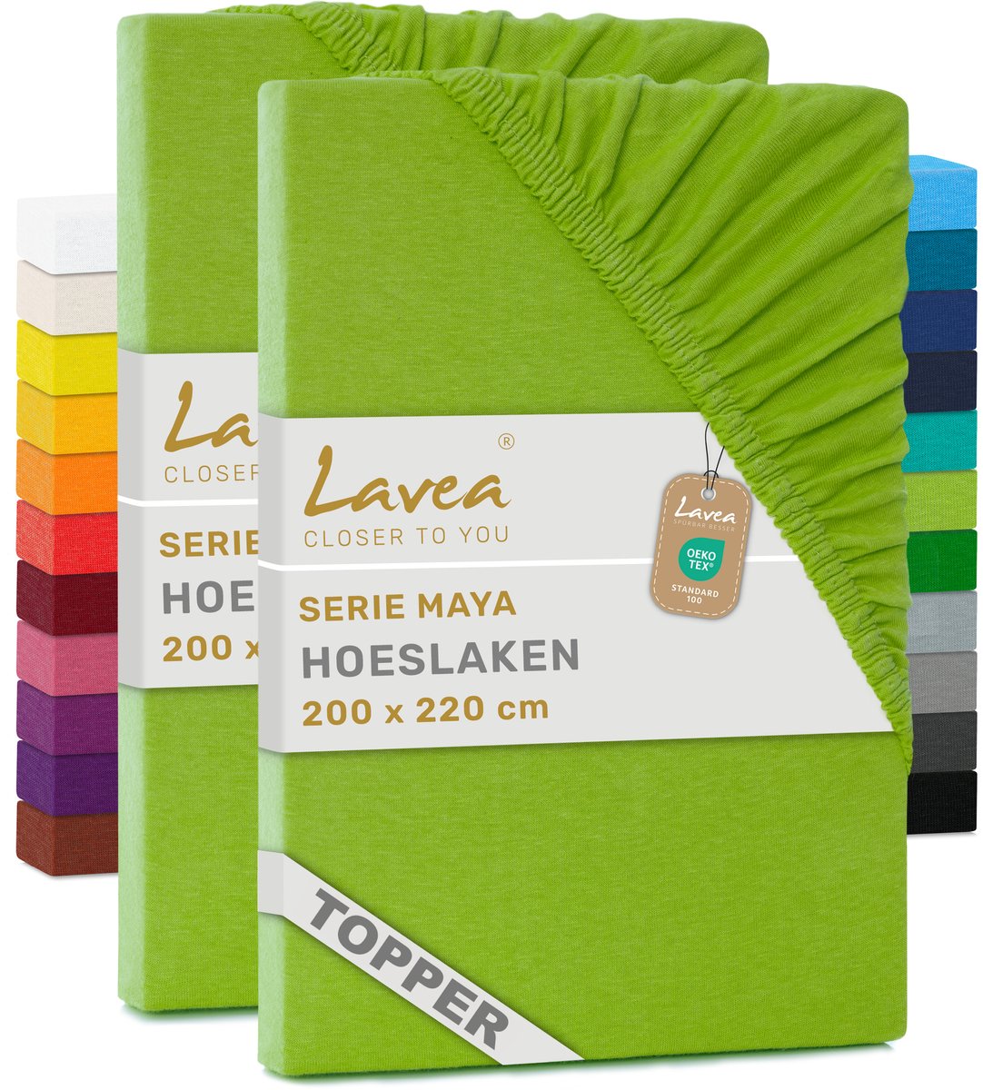 Lavea® Set van 2 Hoeslakens voor Topper 200x220 cm – Jersey 100% Katoen – voor Topmatras tot 10 cm – met Elastiek Rondom – Appelgroen