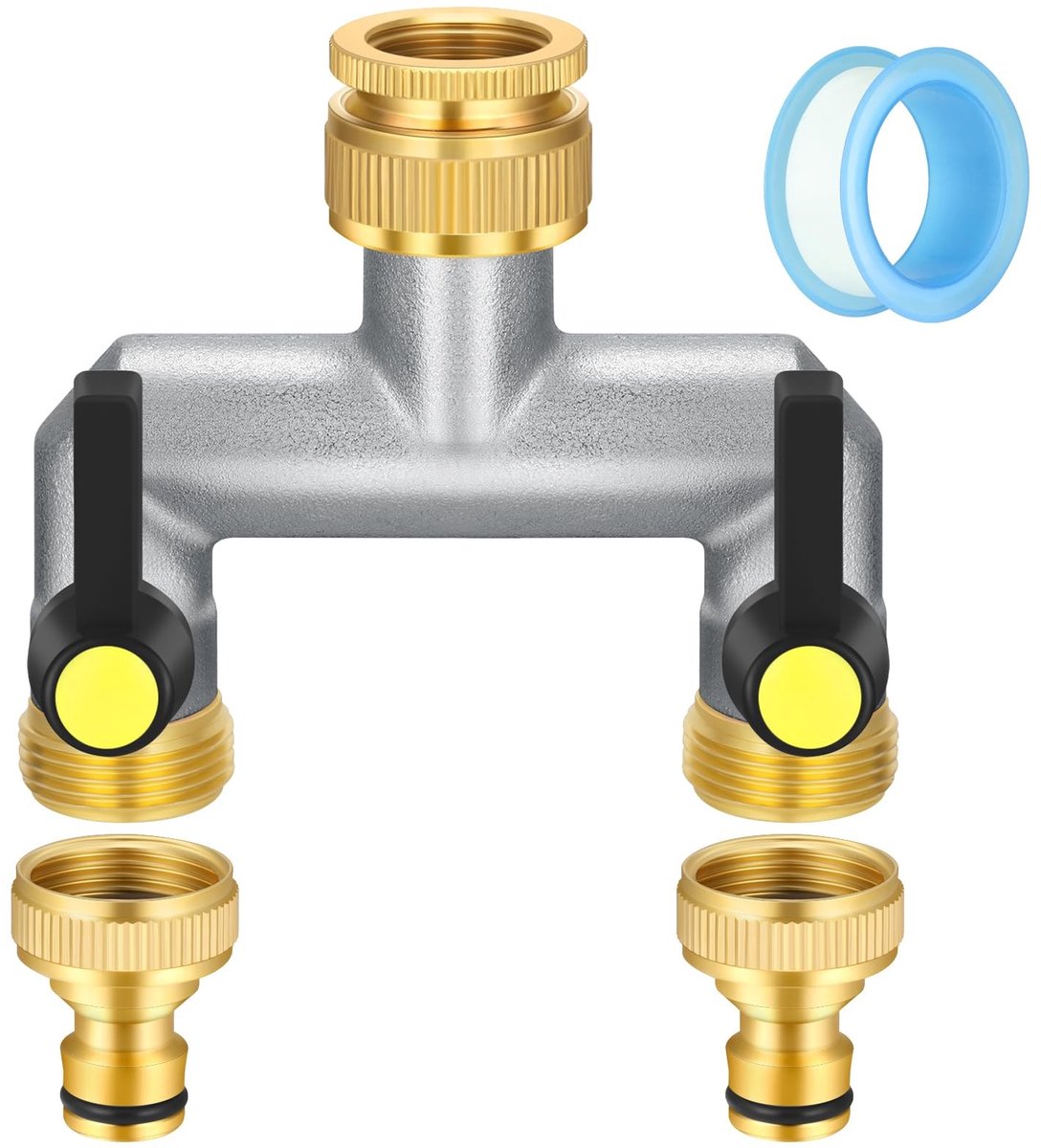 Dailygoods- Tappenkraan 2-Weg - Messing - Tuinslang Verdeler - 3/4 Inch Adapter - Robuust en Duurzaam - 2 Onafhankelijke Ventielen - Tuinslangverdeler