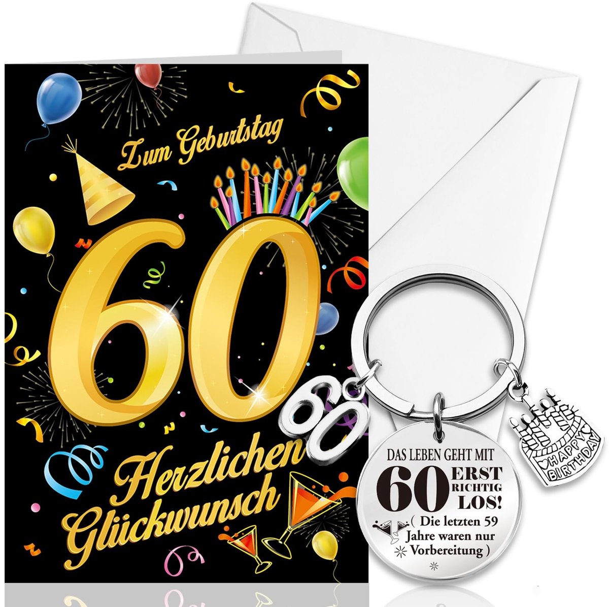 Dailygoods- Wenskaart 60e Verjaardag - Wenskaarten Set - Wenskaarten Zonder Tekst - Wenskaarten Box - Sleutelhanger 60e Verjaardag - Zwart/Goud Design - Verjaardagskaart