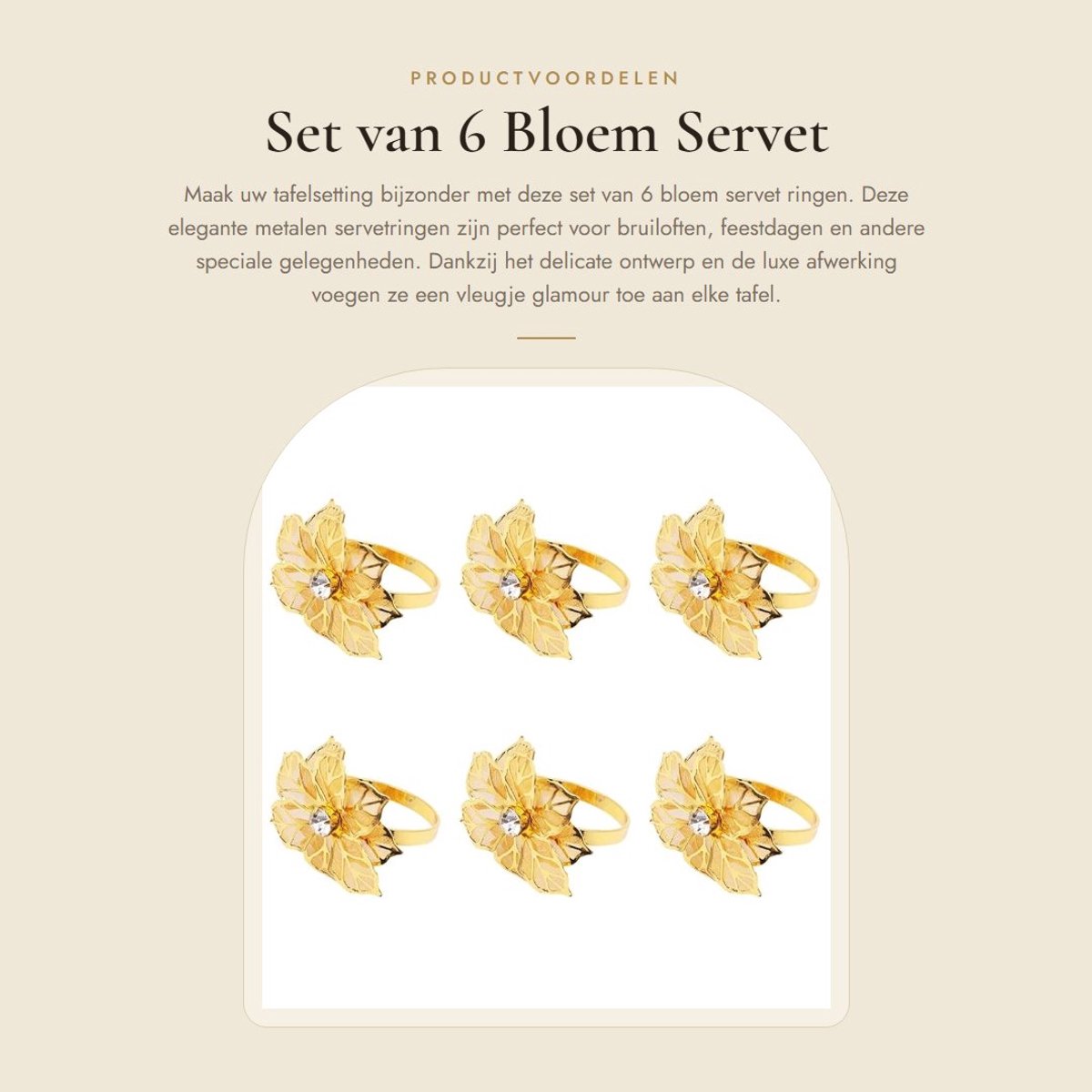 Dailygoods- Servetring Goud - Set van 6 - Bloemvorm - Metalen - Duurzaam - Faux Strass - Decoratieve Tafelaccessoires - Tafelaccessoire