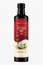 Ravenza Fit365 Azijn in een donkerglazen fles. Rode etikettering met gouden letters.