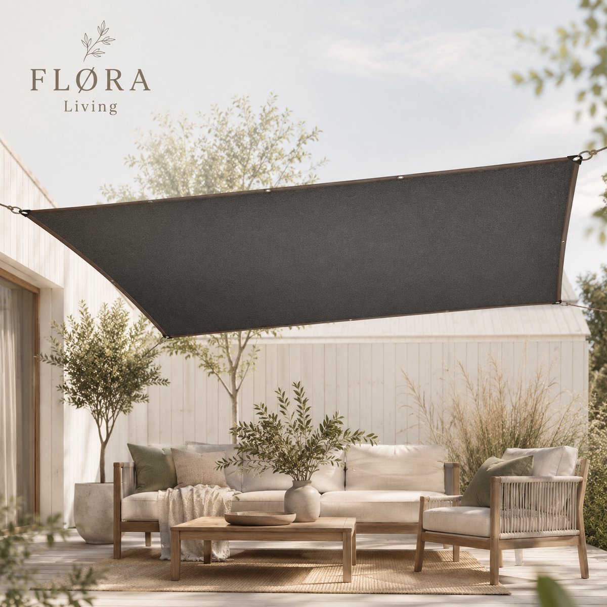 FLØRA Living Schaduwdoek 2 x 3 m - Zonnedoek voor Tuin, Terras & Balkon - HDPE - UV-bestendig & Waterafstotend - Incl. Bevestigingsmateriaal - Antraciet