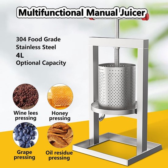 Honingpers - Sap pers - Fruit sap maken - Roestvrij staal - 4L capaciteit - Zilver — afbeelding 3