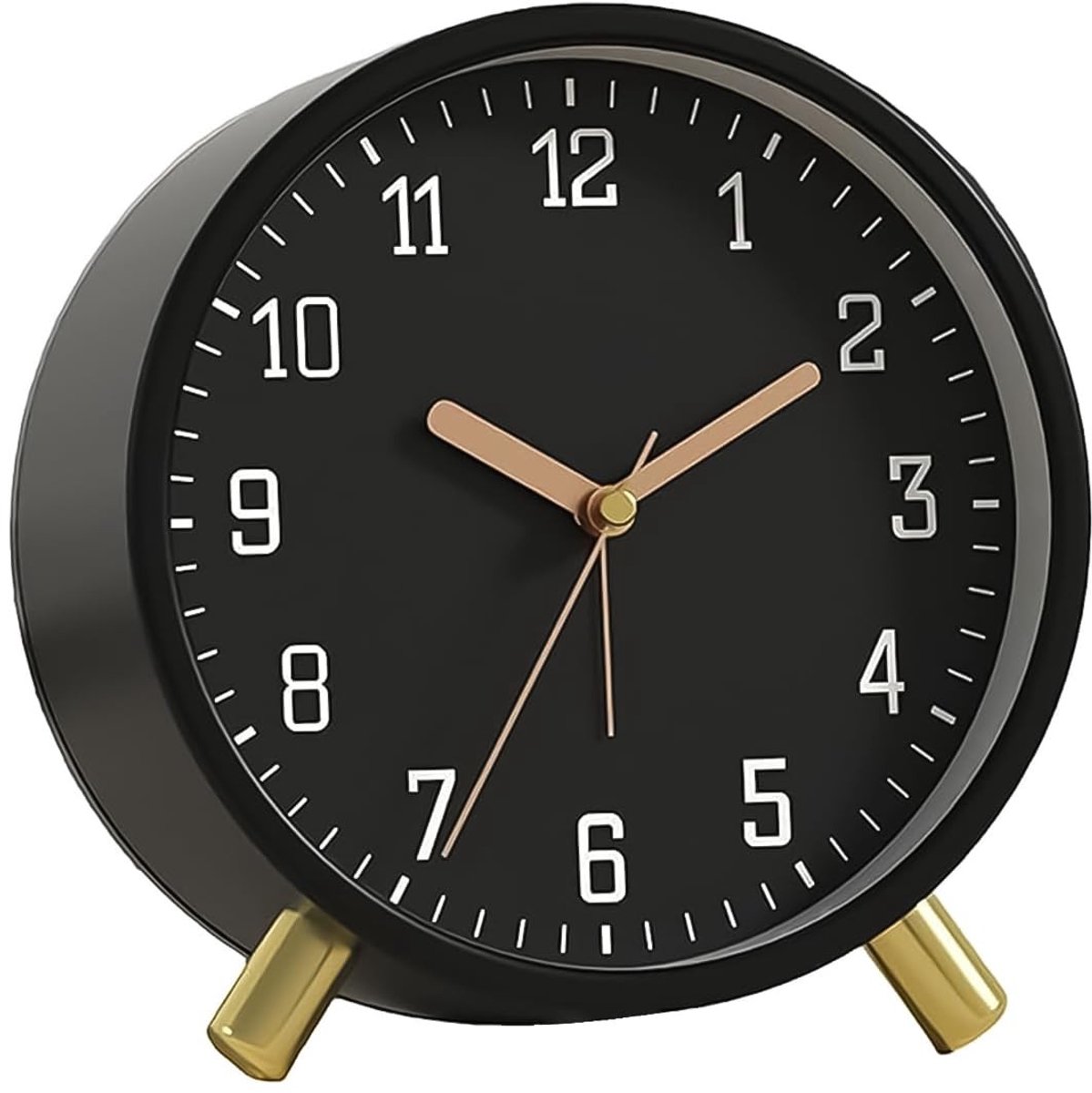 Dailygoods - Stille Analoge Wekker met Nachtlampje - Ronde Bureauklok 10 cm Zwart