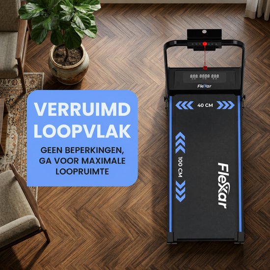 Zwarte loopband met blauwe accenten, 40 cm breed en 100 cm lang loopvlak, voor maximale loopruimte.