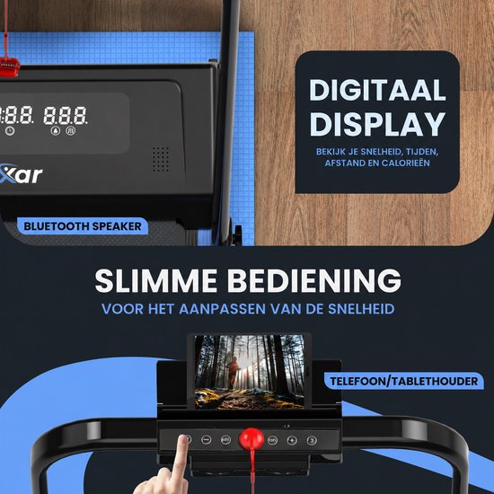 Digitale display van loopband toont tijd, afstand en calorieën; met Bluetooth speaker en telefoon/tablethouder.