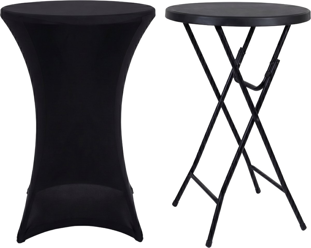 IvoQ Statafel Zwart – Inclusief Zwarte Stretchhoes – Ø80 cm x 110 cm – Opvouwbaar – Partytafel voor Feest, Tuin & Event