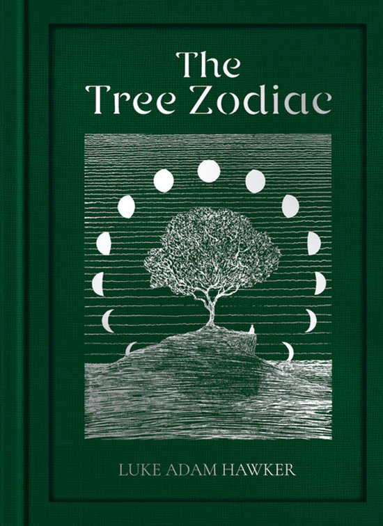 Boek 'The Tree Zodiac' met een illustratie van een boom omringd door maansikkels en volle manen. Geschreven door Luke Adam Hawker.
