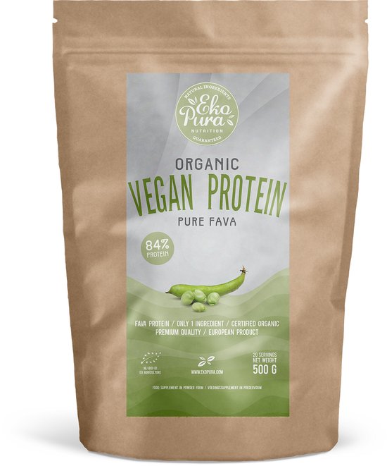 Zak EkoPura biologisch veganistisch eiwitpoeder, 500g, 84% eiwit, met afbeelding van een tuinboon.