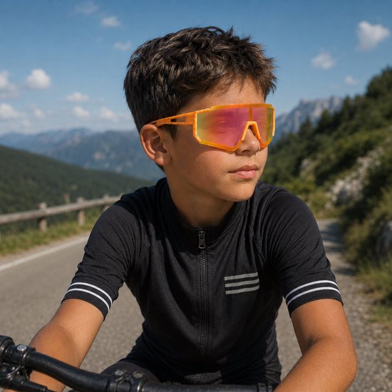 Zonnebril - Fiets - Sport - Festival bril - Rave - Voor kinderen - Semi randloos - Met oranje pootjes - Multicolor spiegelglas — afbeelding 3