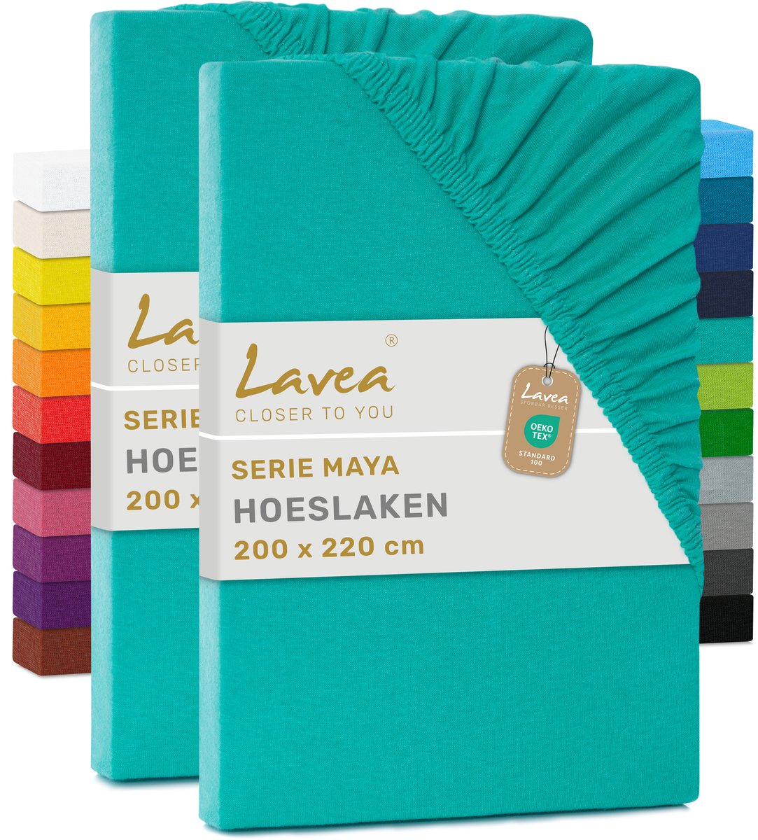 Lavea® Set van 2 Hoeslakens 200x220 cm – 100% Zacht en Ademend Katoen – voor Dikke Matrassen tot 35 cm – Jersey met Elastiek rondom – Turquoise