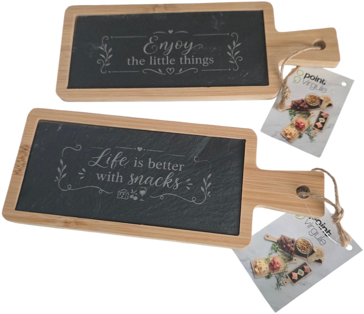 Borrelplank voor 1 persoon - set van 2 stuks met leisteen Enjoy the little things & Life is better with snacks [Cadeau set] - [leisteen met bamboo] - [snackplankje]