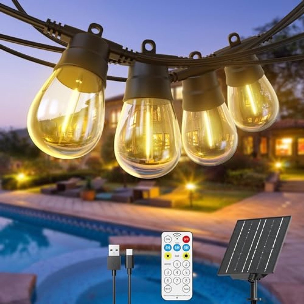 ModernStore Zonne-Stringverlichting Buiten 11,3m - 10 LED Bollen met USB-C & Zonnepaneel, 4 Standen, 3 Montagemodi voor Tuin, Balkon, Feestjes