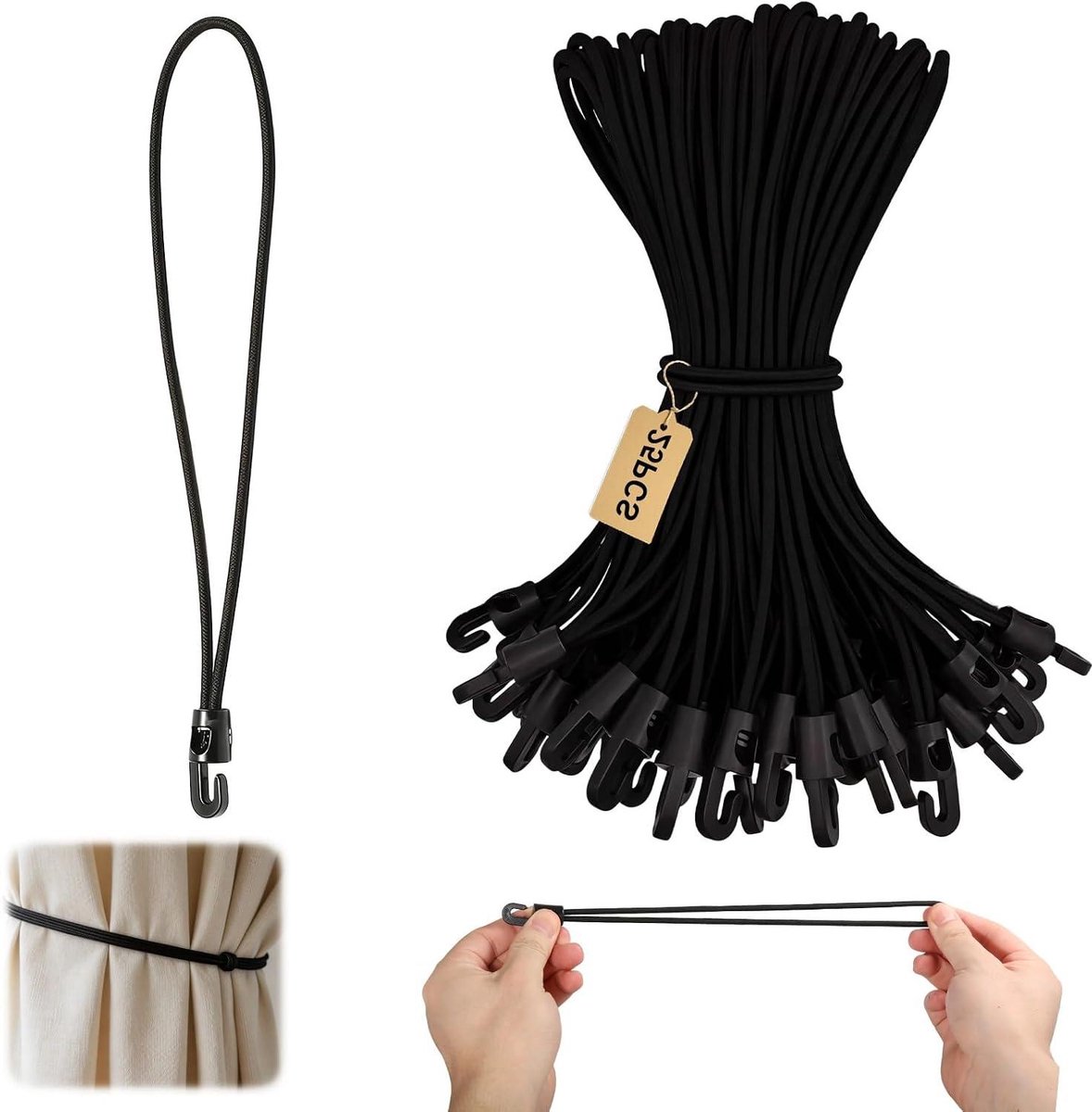 Rubberen spanbanden - Elastische koorden - Dekzeil bevestigen - Met haken - 25 cm - Zwart