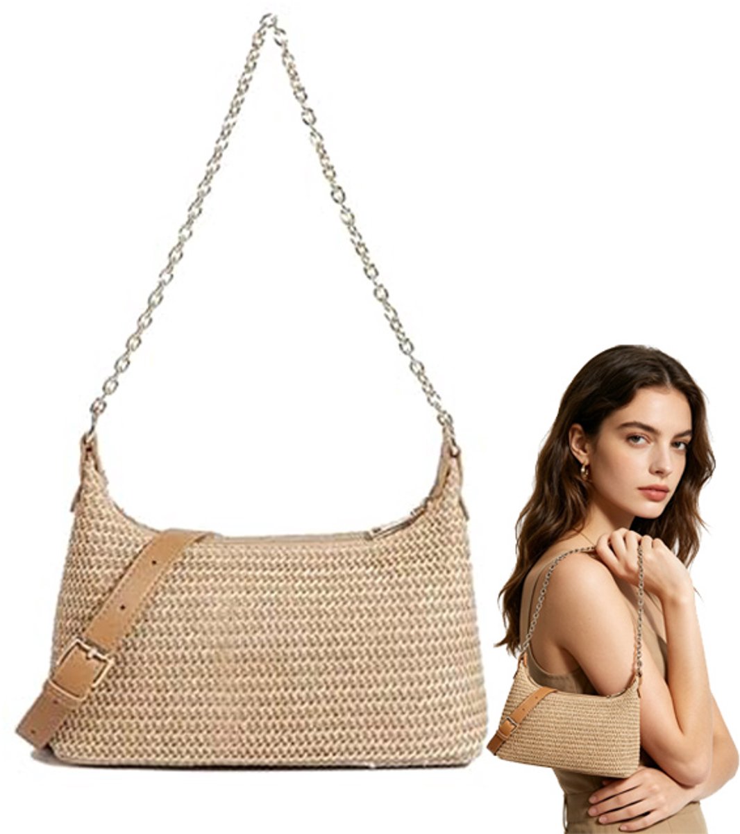 Strandtas - Geweven Schoudertas voor Dames – 28*15*13cm - Boho Hobo Tas met Kettingriem – Stijlvolle Handtas voor Vakantie, Winkelen en Dagelijks Gebruik - Bruin