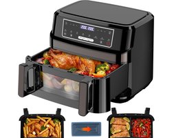 12L XXL Airfryer met Dubbele Mand – 2600W Heteluchtfriteuse met LED Touchscreen, Kijkvenster, Binnenverlichting en 8 Programma’s – Zwart