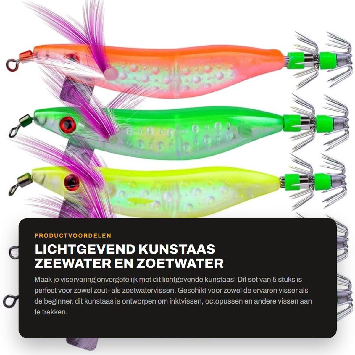Dailygoods- Lichtgevend Kunstaas Set - 5 Stuks - Inktvis/Oktopus - Garnalenaas - Baskunstaas - Voor Zoutwater/Zoetwater