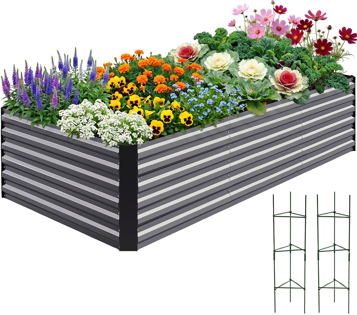 Quictent Verhoogde Kweekbak 240 x 120 x 62 cm – Metalen Moestuinbak van Verzinkt Staal met Tomatensteunen, Grijs