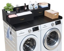 VEVOR Wasmachine en Droger Bovenplaat Met Schap, 137 X 69,9 cm Houten Wasserschotel en Drogerschotel met 2 Laden & Hooks, Wasmachine Bovenplaat voor Waskast, Pantry Bovenplaat voor Organisatie en Opslag, Zwart