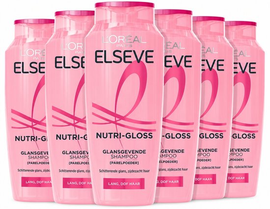 Six bouteilles de shampoing L'Oréal Paris Elseve Nutri-Gloss, roses avec inscriptions blanches et un accent rose en forme de goutte.