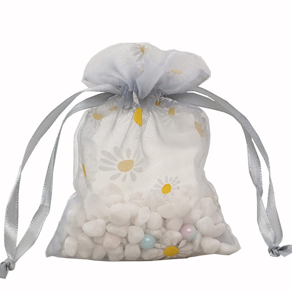 Dailygoods- Organza Zakjes 13 x 18 cm - Cadeauzakjes met Trekkoord - Sieradenzakjes - Geschenkverpakking - 20 Stuks - Madeliefjesmotief