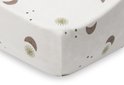 Wit hoeslaken met bruine en groene manen, zonnen en sterren. Hoekdetail.