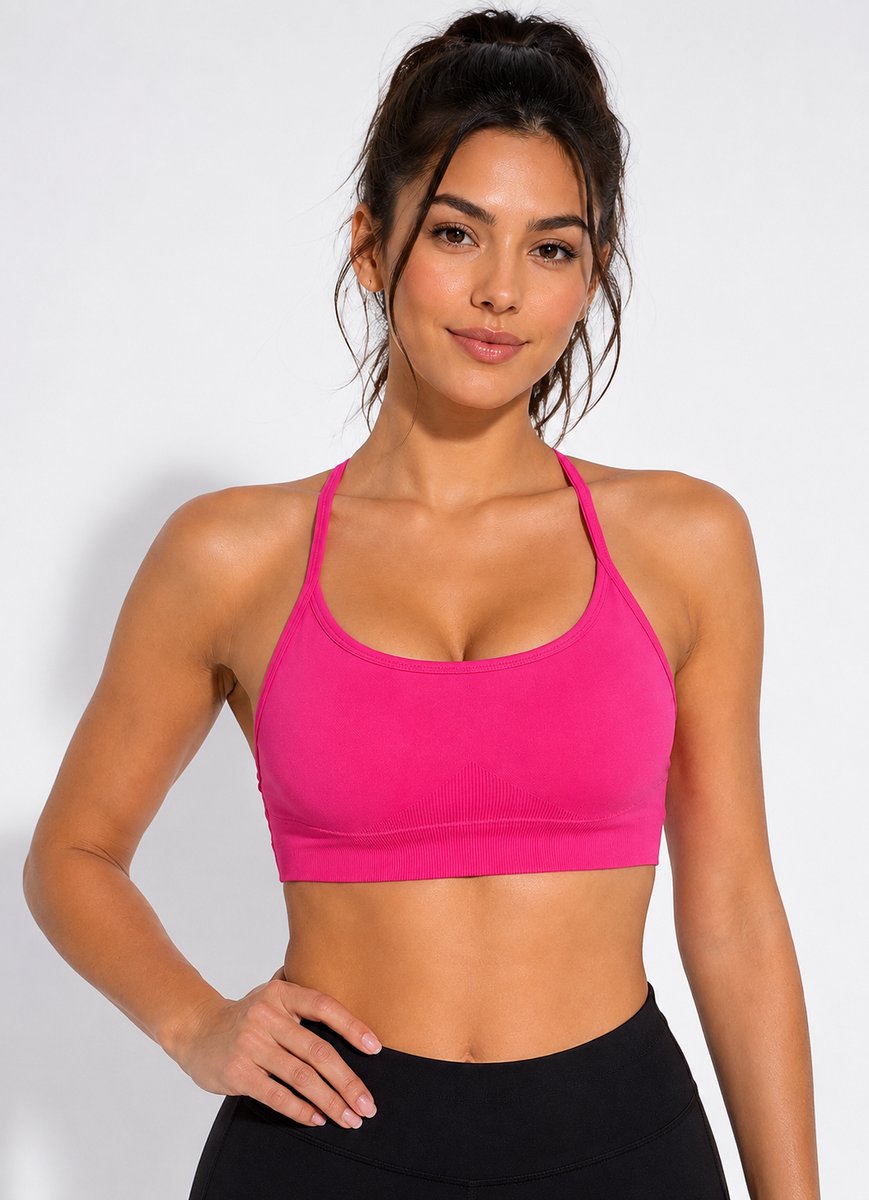 SparkNine Breeze sportbeha - beugelloos - kruislingsbandjes - S - roze - ademend - open rug - met verwijderbare vulling
