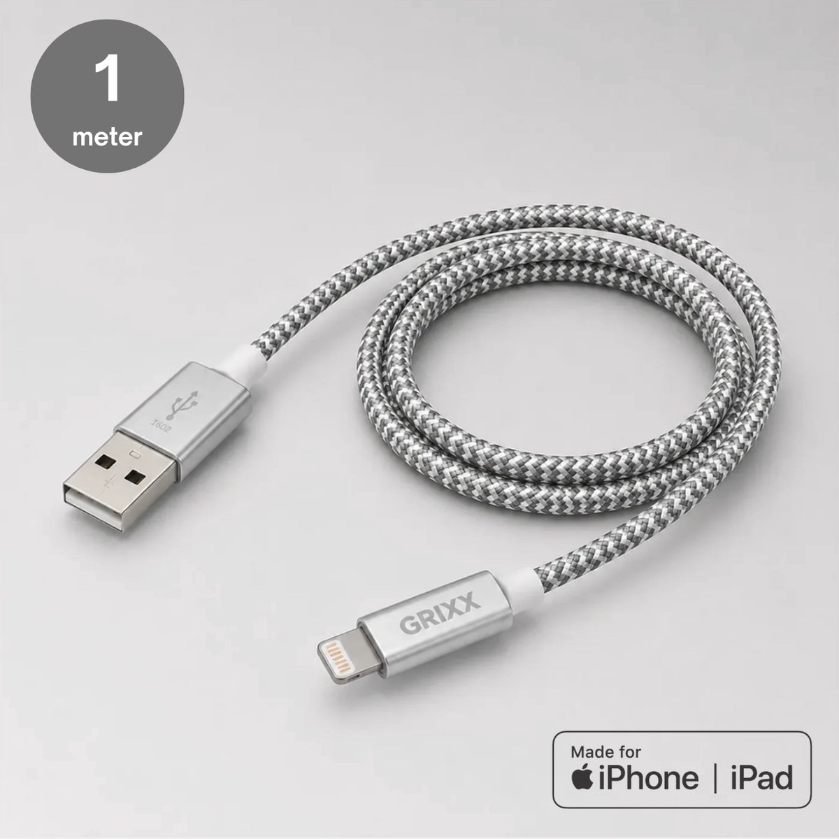 Grixx Lightning naar USB-A Kabel - 1 meter - MFI-gecertificeerd - gevlochten - Space Grey - Apple