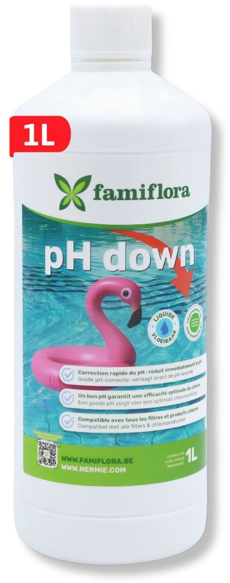 Famiflora pH down vloeibaar 1L - verlaagt de pH-waarde van je zwembad of spa! - Verlaagt pH-waarde zodat chloor optimaal kan desinfecteren en water veilig blijft