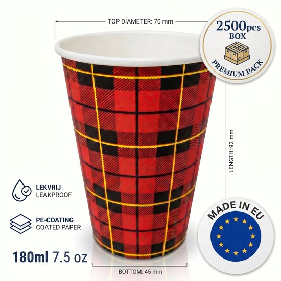 Gobelets à café Scotty à carreaux écossais 180 ml - 2500 pièces - Gobelets en papier étanches / Gobelets en carton pour la restauration, le bureau et les événements - Blanc