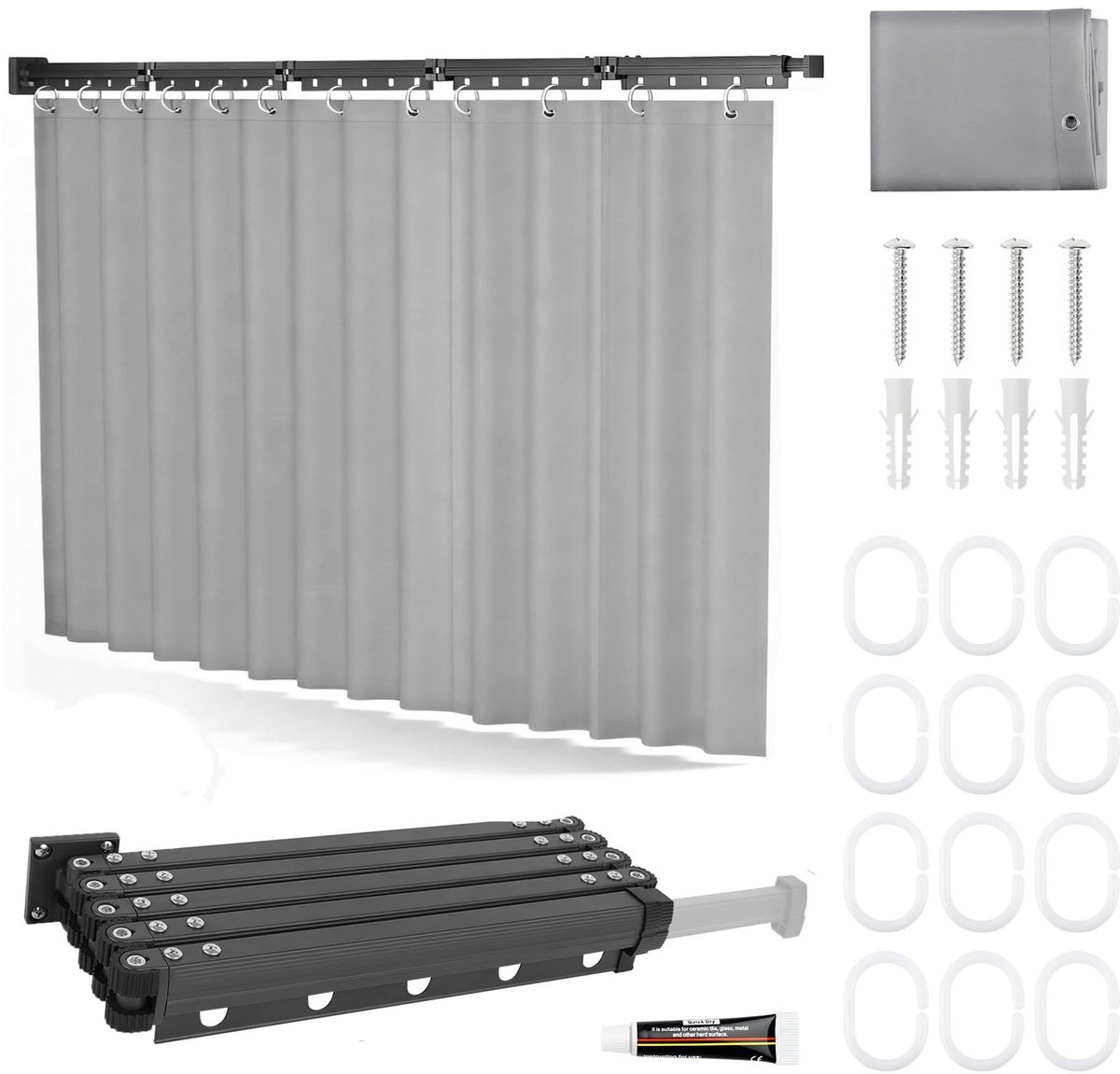 Dailygoods- Douchegordijnstang zonder boren - Opvouwbaar - Waterdicht - 5-segmenten - Schimmelbestendig - 180x200 cm gordijn - Douchegordijn