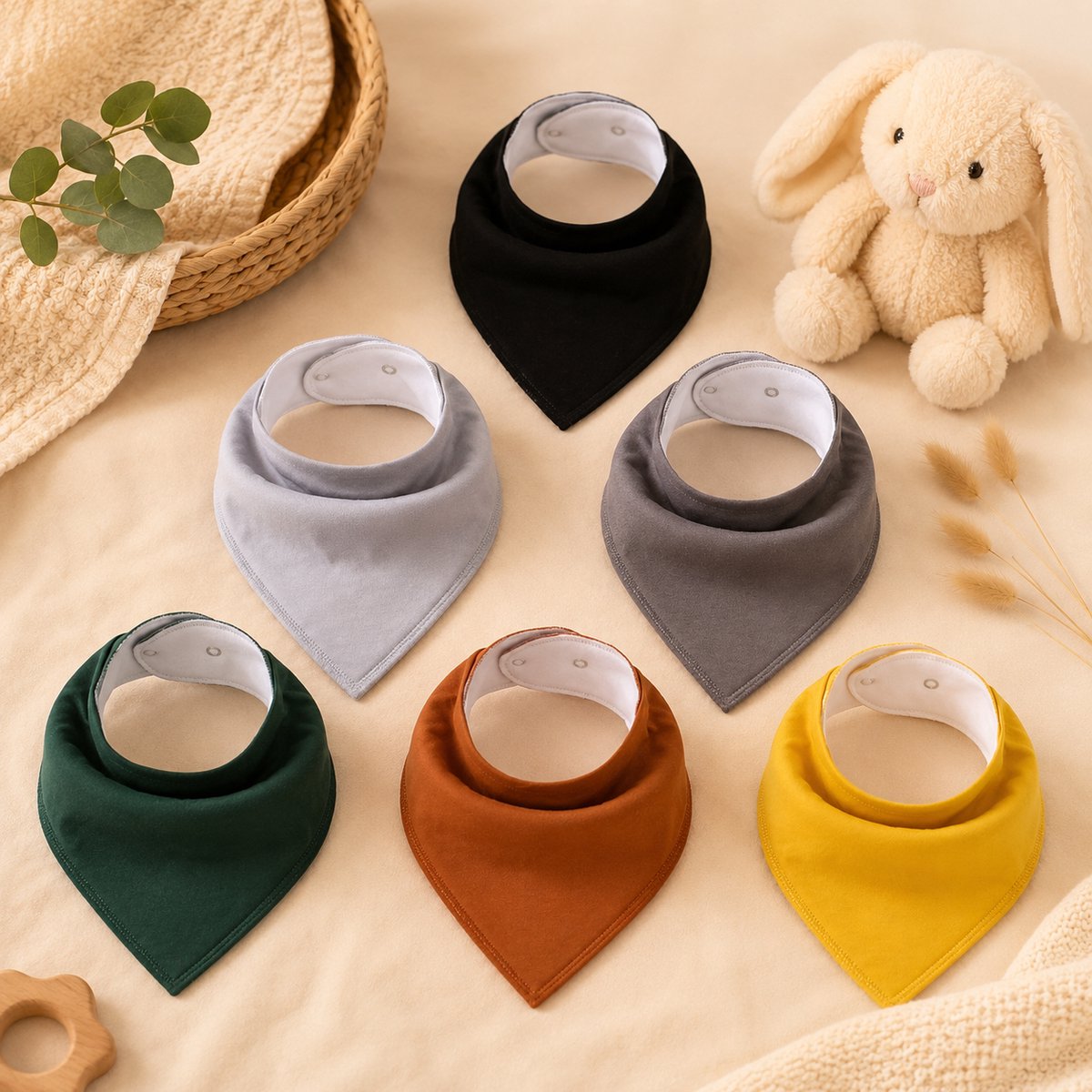 6 Kwijlslabbetjes Baby Bandana – Absorberende Slabbetjes met Fleece Achterkant – Verstelbaar met Drukknopen – Set van 6 – Bruin, Geel & Grijs