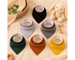 6 Kwijlslabbetjes Baby Bandana – Absorberende Slabbetjes met Fleece Achterkant – Verstelbaar met Drukknopen – Set van 6 – Bruin, Geel & Grijs