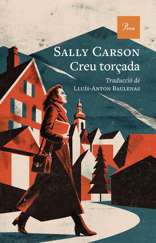 Boekomslag van 'Creu torçada' van Sally Carson, met een illustratie van een vrouw die met een tas en een boek in een dorp loopt.