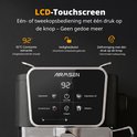 Zwart espressotoestel met een LCD-touchscreen en de functies: 92°C constante extractie, veiligheidsslot en zelfreiniging.