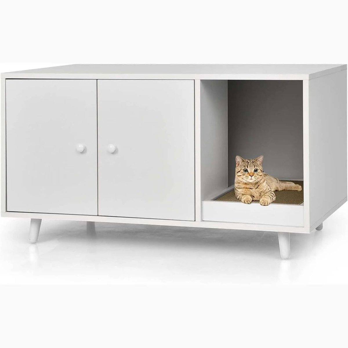 Emvae Kattenbak Kast - Kattenbak meubel - Kattenbak ombouw - 2-in-1 Multifunctioneel - Krabmat - Ventilatie - 90 x 50 x 50 cm - MDF - Wit