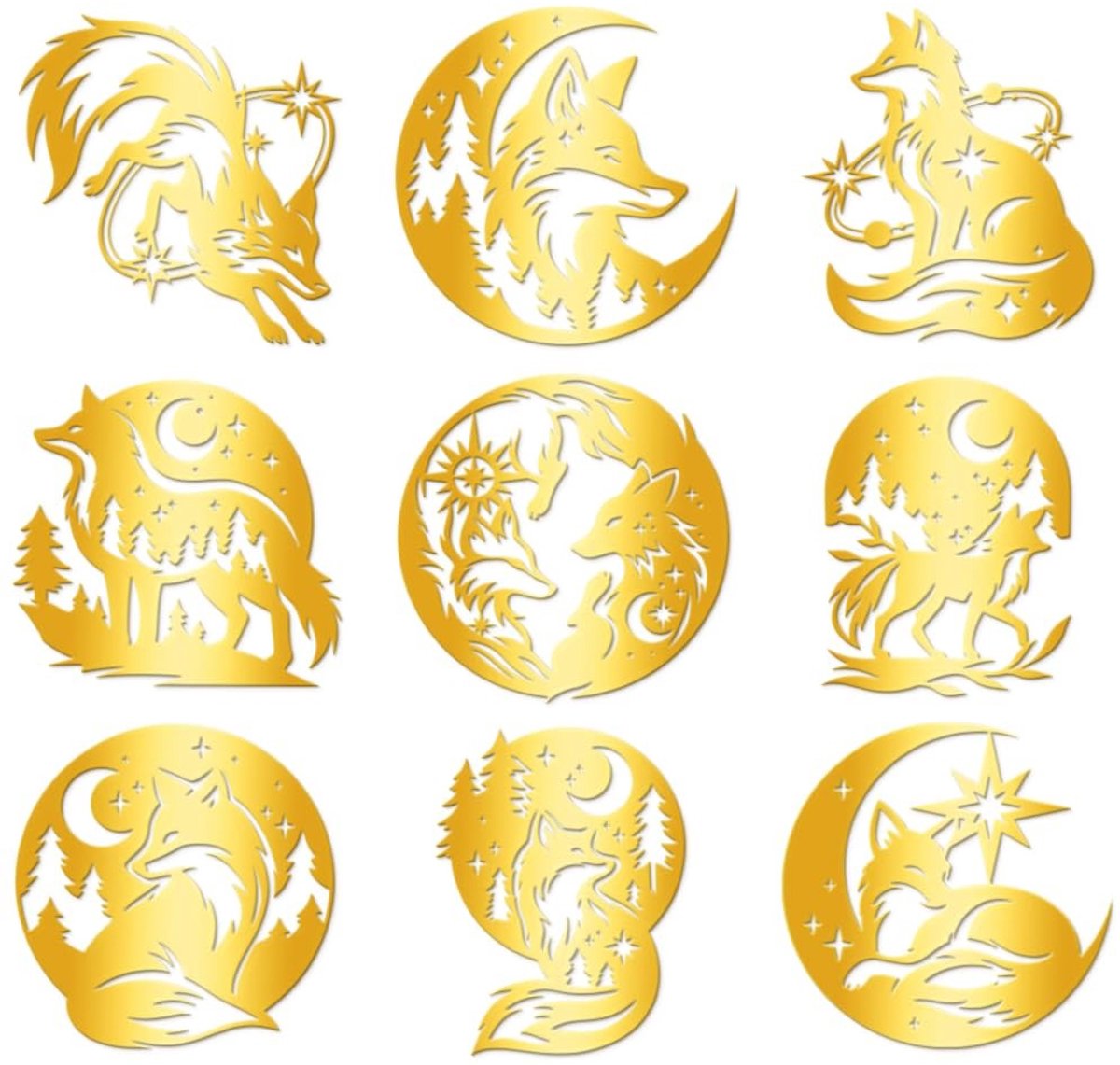 Dailygoods- Decoratieve Stickers Goud - 9 Stuks - Waterdicht - Zelfklevend - Vos/Maan/Ster - 4 cm x 4 cm - Metalen Decoratie - Decoratiestickers