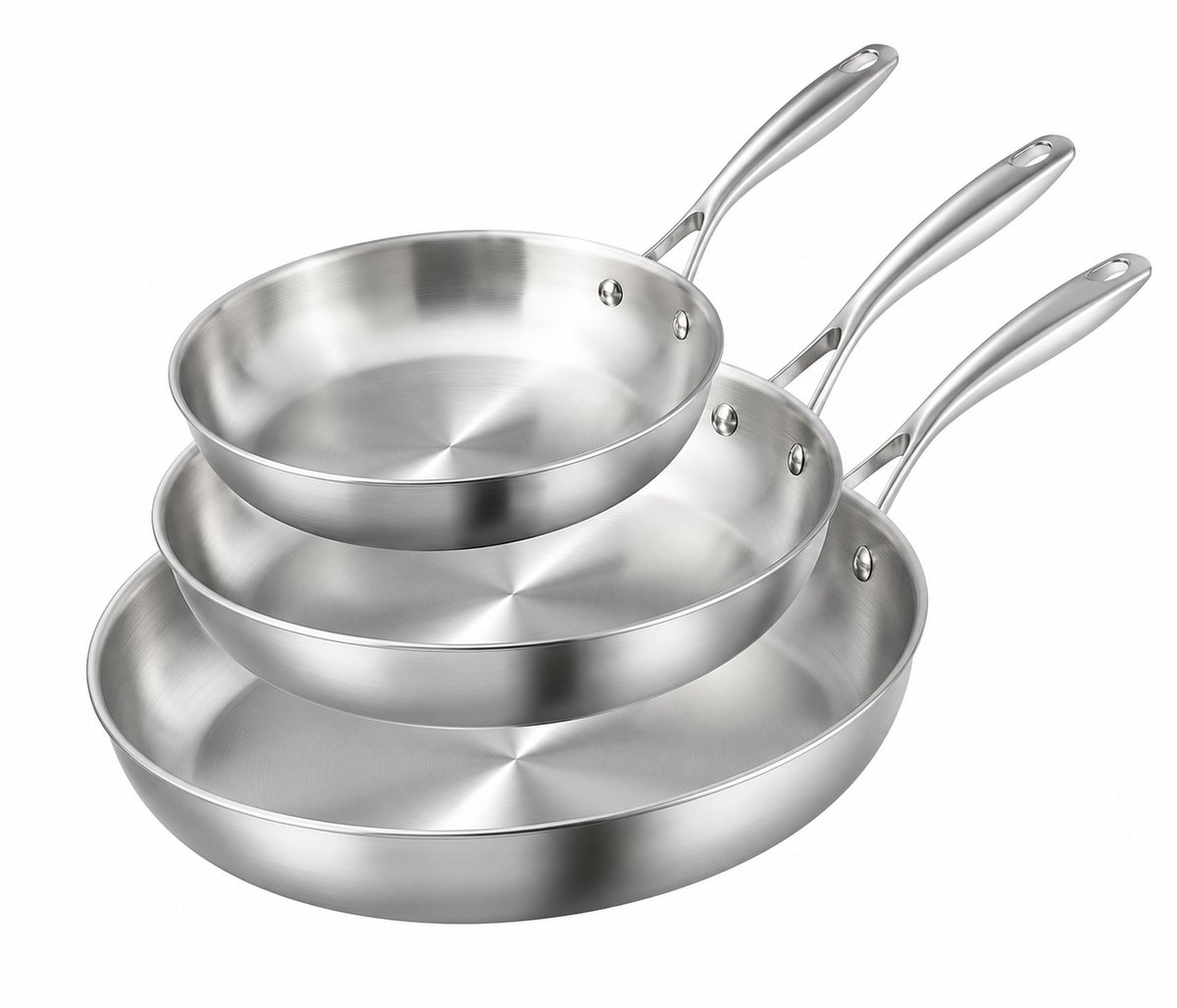 Home & Beyond® RVS Koekenpannenset 3-delig – 22 cm, 26 cm & 30 cm – 18/10 Roestvrij Staal – Geschikt voor Inductie, Gas, Keramisch & Elektrisch – Ovenbestendig – PFAS-vrij