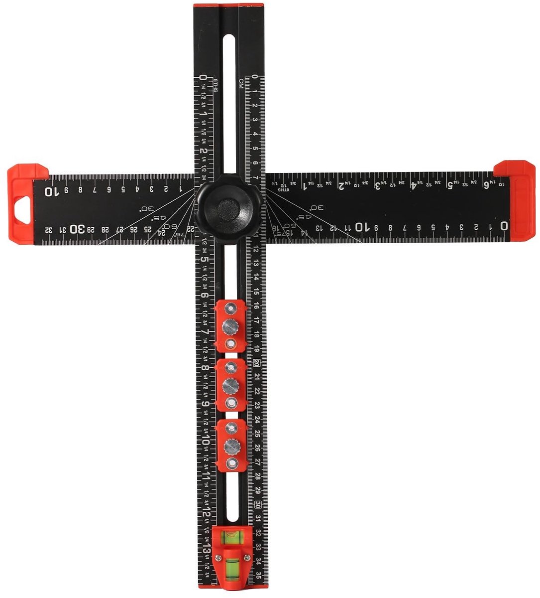 Dailygoods- Boorpositioneringsliniaal 4-in-1 - Hoge Precisie - Verstelbare T-Vierkante Liniaal 40 cm - Aluminiumlegering - Houtbewerkingsgereedschap - Zwart/Rood - Meetlat