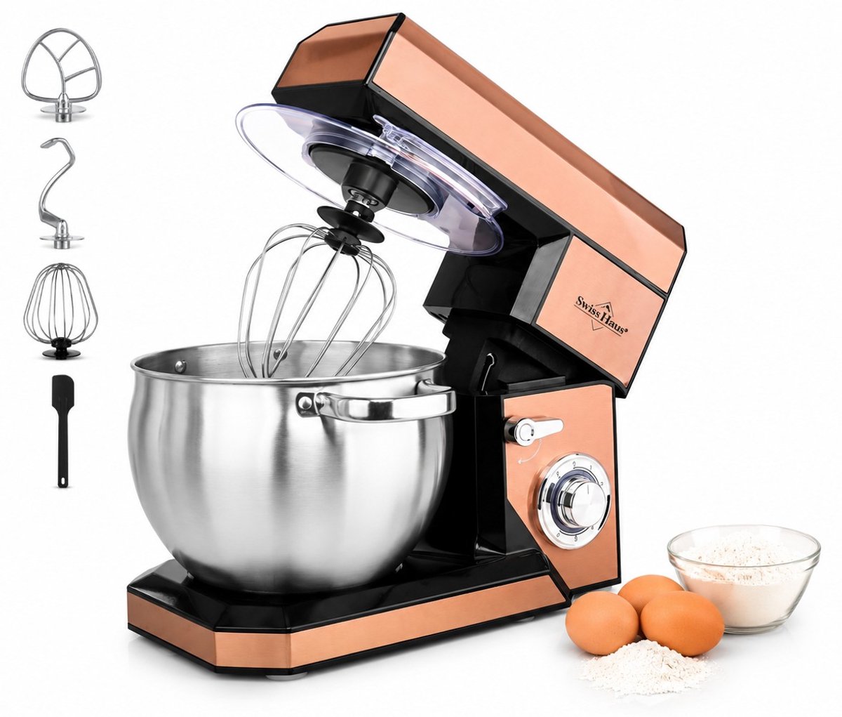 Swiss Haus® KM2285 Keukenmachine - 1500W Keukenrobot – 8.5L RVS Mengkom – 6 Snelheden + Pulse - Foodprocessor met Accessoires – Koper