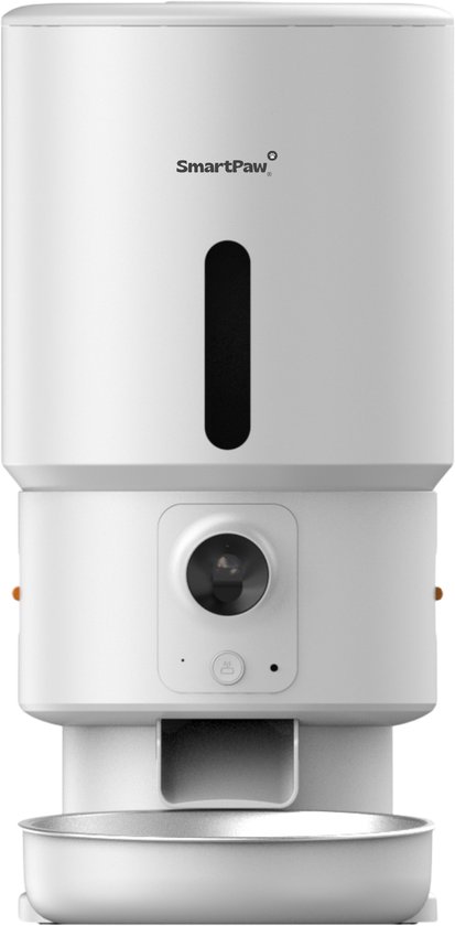 Een witte, staande automatische voerdispenser met een camera aan de voorkant.