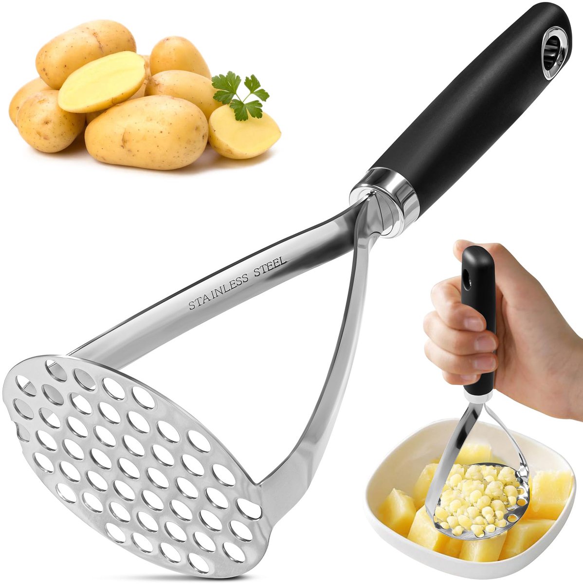 Aardappelstamper RVS - Pureestamper met Ergonomische Soft Grip Handgreep - RVS Aardappelpers voor Puree, Groenten, Fruit en Guacamole - Vaatwasserbestendig