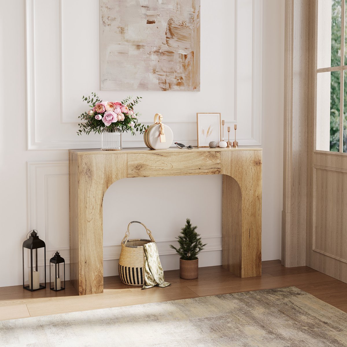 Slank landelijk wandtafel voor de woonkamer – smalle houten entreetafel met rustiek eikenaccent, ruimtebesparend gangmeubel, geschikt achter de bank of in de hal, 120 cm