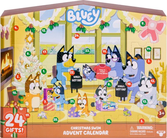 Bluey Kerst zwem adventskalender met 24 vakjes en de Bluey familie. De kalender heeft een huisvorm met kerstdecoraties.