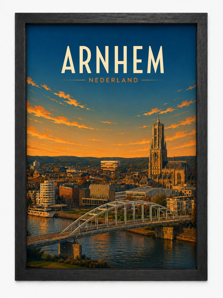 Arnhem Poster | Retro Stadsillustratie Skyline | Inclusief Zwarte A4 Lijst